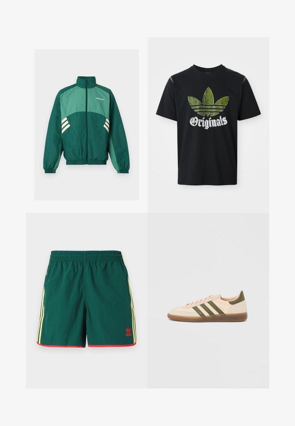 Zelená športová bunda Adidas s predným zipsom, vysokým golierom, elastickými manžetami a lemom, svetlozelenými panelmi a bielymi pruhmi po bokoch.; Čierne bavlnené tričko s roztrhnutým zeleným grafickým dizajnom so tromi pruhmi a slovom "Originals" pod ním v bielej farbe, okrúhly výstrih, krátke rukávy.; Zelené športové šortky s ľahkou textúrou, s žltými bočnými pruhmi a červenými akcentmi na okraji, s malým červeným logom.; Nízky béžový tenisky Adidas Spezial so zelenými pruhmi, gumovou podrážkou a nápisom „SPEZIAL“ na boku, zobrazené z vonkajšej strany.