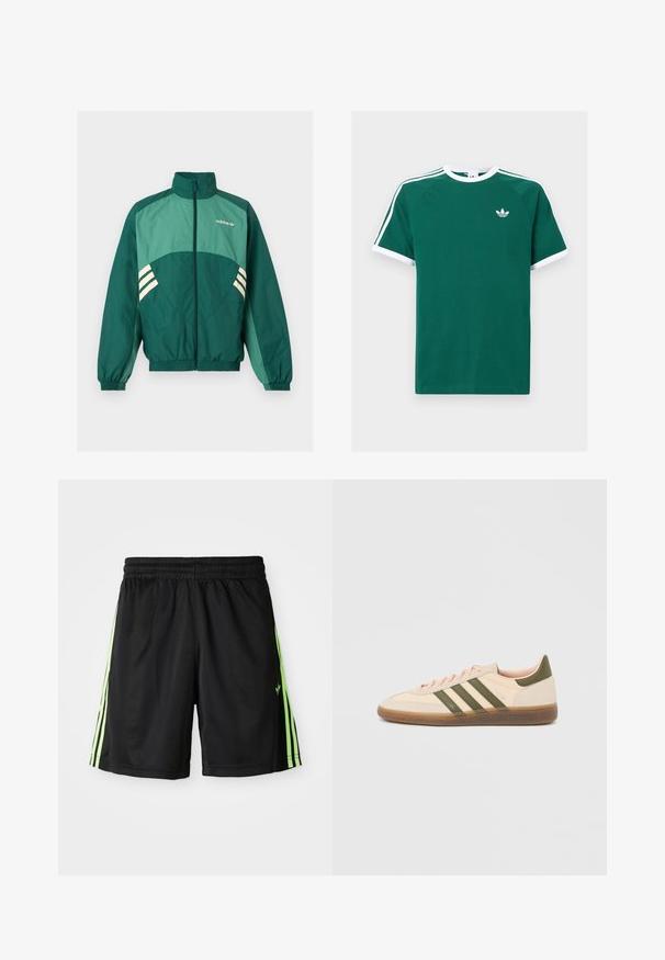 Zelená športová bunda Adidas s predným zipsom, vysokým golierom, elastickými manžetami a lemom, svetlozelenými panelmi a bielymi pruhmi po bokoch.; Zelené bavlnené tričko s bielymi akcentmi, s krátkymi rukávmi, okrúhlym výstrihom a troma bielymi pruhmi na každom pleci. Malé logo na hrudi.; Čierne športové šortky s elastickým pásom, pričom na každej strane sú dve vertikálne neonové zelené pruhy a na prednej ľavej strane je malá značka.; Nízky béžový tenisky Adidas Spezial so zelenými pruhmi, gumovou podrážkou a nápisom „SPEZIAL“ na boku, zobrazené z vonkajšej strany.