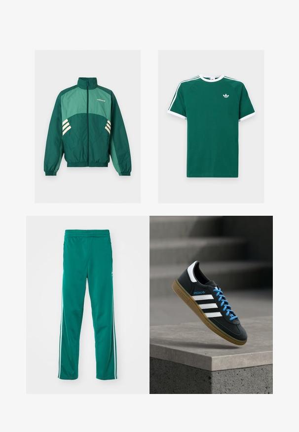 Groene Adidas trainingsjas met een rits aan de voorkant, hoge kraag, elastische manchetten en zoom, lichtgroene panelen en witte strepen aan de zijkanten.; Groen katoenen t-shirt met witte accenten, voorzien van korte mouwen, een ronde hals en drie witte strepen op elke schouder. Klein logo op de borst.; Groene trainingsbroek met een gladde textuur, voorzien van een witte zijstreep en een elastische tailleband. Rechtonder ontwerp.; Zwarte Adidas-sneaker met witte strepen, blauwe veters en een gumzool die boven een grijze betonnen trede zweeft in zacht licht.