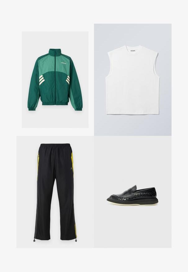 Grøn Adidas træningsjakke med frontlynlås, høj krave, elastiske manchetter og kant, lysegrønne paneler og hvide striber på siderne.; Hvid ærmeløs bomulds top med rund hals og markerede skulderpartier, mærket "WEEKDAY" på halsmærket, vist på lys grå baggrund.; Sorte træningsbukser med gule sideaccenter, elastisk talje og lynlåslommer på siden. Fremstillet af let og glat stof.; The Antipode COLLEGE PIERCED - Loafers - black