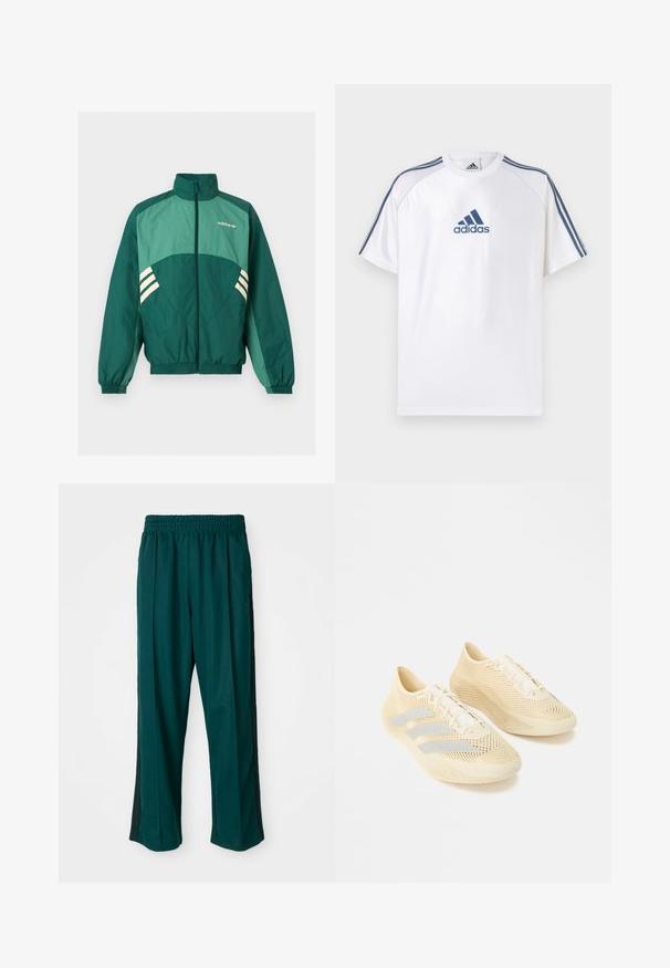 Roheline Adidas trennipluus esilukuga, kõrge kraega, elastsete varrukate ja äärega, heleroheliste paneelide ja valgete triipudega külgedel.; Valge Adidas T-särk siniste detailidega, lühikeste varrukatega ja ümmarguse kaelusega. Esiküljel sinine Adidas logo ja õlgadel kolm triipu.; Tumed rohelised spordipüksid elastse vöökohaga, sirge jala kujundusega ja mustade külgtriipudega. Valmistatud pehmest, venivast kangast.; Beežid kergekaalulised spordijalatsid tekstuurse pinnaga, paeltega ja kolm helehallikat triipu küljel.