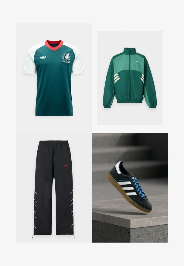 Πράσινο αθλητικό μπουφάν Adidas με φερμουάρ μπροστά, ψηλό γιακά, ελαστικές μανσέτες και τελείωμα, ανοιχτό πράσινα πάνελ και λευκές ρίγες στα πλαϊνά.; Πράσινη φανέλα ποδοσφαίρου με λευκά μανίκια, κόκκινο V-λαιμόκοψη, λογότυπο Adidas στο αριστερό στήθος και έμβλημα της ομάδας του Μεξικού στο δεξί στήθος.; Μαύρο παντελόνι φόρμας Adidas με ελαστική μέση, κόκκινο λογότυπο στο δεξί μηρό, λευκές διαγώνιες ρίγες στα πλάγια των ποδιών και ρυθμιστικά στους αστραγάλους.; Μαύρο αθλητικό παπούτσι Adidas με λευκές ρίγες, μπλε κορδόνια και καουτσούκ σόλα να αιωρείται πάνω από γκρίζο τσιμεντένιο σκαλοπάτι σε απαλό φως.