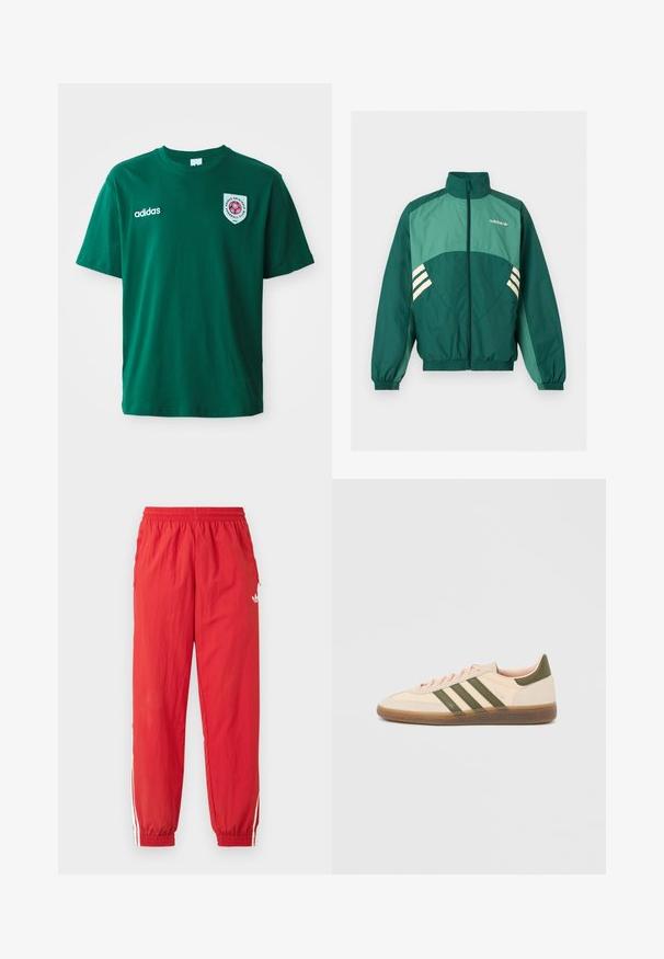Chaqueta deportiva verde de Adidas con cremallera frontal, cuello alto, puños y bajo elásticos, paneles verde claro y franjas blancas en los laterales.; Camiseta de algodón verde con cuello redondo, manga corta, logo de Adidas en el lado izquierdo y una insignia circular con un diseño rojo en el lado derecho.; Pantalones deportivos rojos hechos de material ligero, con una cinturilla elástica, rayas laterales blancas y un pequeño logotipo en la parte superior de la pierna.; Zapatilla Adidas Spezial beige de perfil bajo con rayas verdes, suela de goma y la marca "SPEZIAL" en el lateral, vista desde el lado exterior.