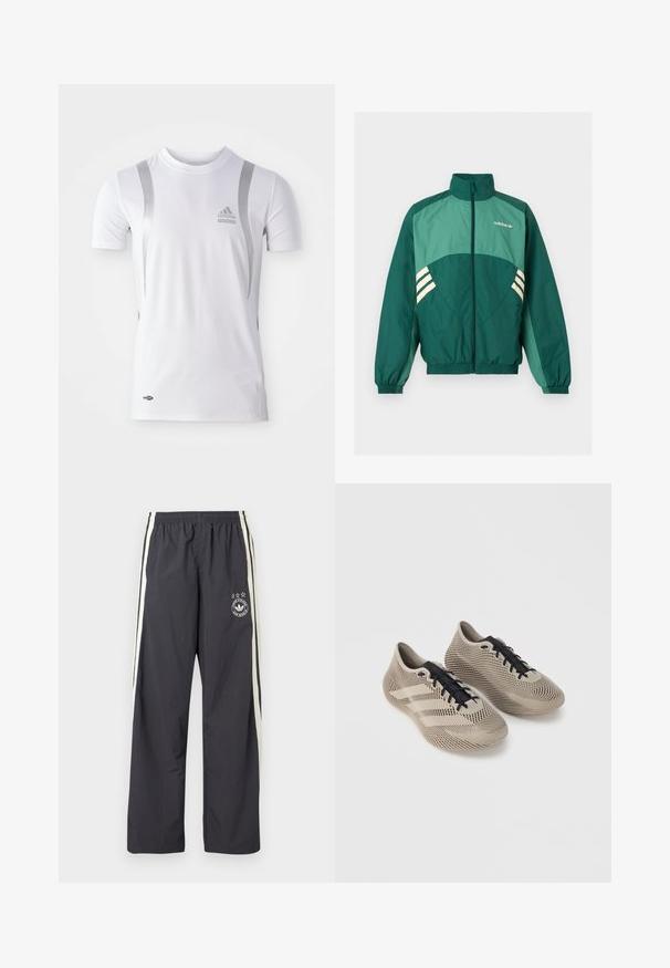 Chaqueta deportiva verde de Adidas con cremallera frontal, cuello alto, puños y bajo elásticos, paneles verde claro y franjas blancas en los laterales.; Camiseta atlética blanca de manga corta con detalles plateados, presenta un cuello redondo y un logo de Adidas en el pecho. Fabricada con tela que absorbe la humedad.; Pantalones de chándal gris oscuro con rayas blancas laterales, cintura elástica y un logo circular con tres estrellas en el muslo izquierdo. Tela ligera.; Par de zapatillas deportivas beige con cordones negros, con un patrón texturizado a rayas y tres franjas laterales sobre un fondo liso.