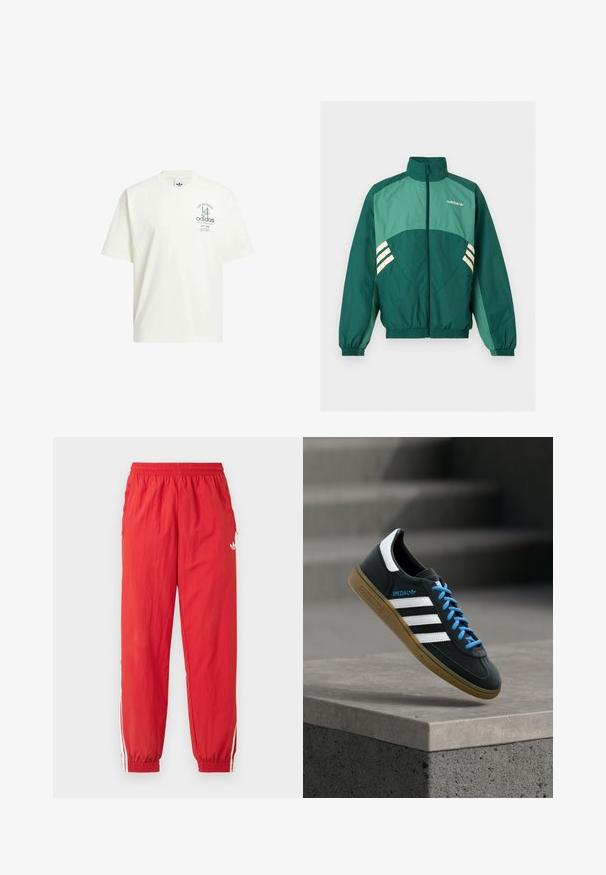 Groene Adidas trainingsjas met een rits aan de voorkant, hoge kraag, elastische manchetten en zoom, lichtgroene panelen en witte strepen aan de zijkanten.; Witte katoenen t-shirt met een ronde hals, korte mouwen en een grafische print met "Adidas" en "Los Angeles" in het groen.; Rode sportieve broek van lichtgewicht materiaal, met een elastische tailleband, witte zijstrepen en een klein logo op het bovenbeen.; Zwarte Adidas-sneaker met witte strepen, blauwe veters en een gumzool die boven een grijze betonnen trede zweeft in zacht licht.