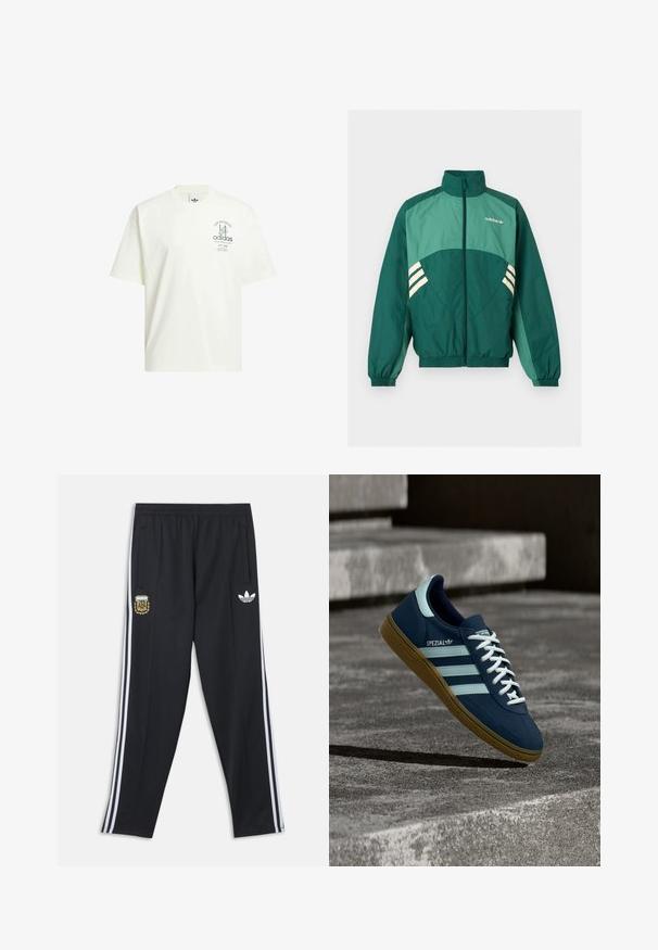 Zelená športová bunda Adidas s predným zipsom, vysokým golierom, elastickými manžetami a lemom, svetlozelenými panelmi a bielymi pruhmi po bokoch.; Biela bavlnená tričko s okrúhlym výstrihom, krátkymi rukávmi a grafickou potlačou s nápismi "Adidas" a "Los Angeles" v zelenej farbe.; Čierne tréningové nohavice Adidas s bielymi bočnými pásmi, elastickým pásom, erbom Argentínskej futbalovej asociácie na ľavom stehne a logom Adidas na pravom stehne.; Modré tenisky Adidas Spezial s bielymi pruhmi a šnúrkami, gumovou podrážkou, plávajúce nad drsným betónovým povrchom a schodmi v pozadí.