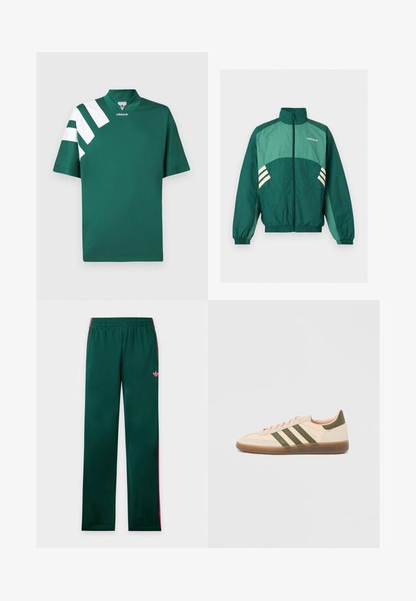 Πράσινο αθλητικό μπουφάν Adidas με φερμουάρ μπροστά, ψηλό γιακά, ελαστικές μανσέτες και τελείωμα, ανοιχτό πράσινα πάνελ και λευκές ρίγες στα πλαϊνά.; Πράσινο κοντομάνικο πουκάμισο Adidas με γιακά τύπου ντεκολτέ και τρεις λευκές ρίγες σε γωνία στον αριστερό ώμο και το μανίκι.; Πράσινο παντελόνι φόρμας με ροζ πλαϊνές ρίγες, ελαστική μέση, τσέπες και μικρό ροζ λογότυπο Adidas στο αριστερό μηρό.; Χαμηλού προφίλ μπεζ αθλητικό παπούτσι Adidas Spezial με πράσινες ρίγες, σόλα από καουτσούκ και την επωνυμία "SPEZIAL" στην πλευρά, εμφανίζεται από την εξωτερική πλευρά.