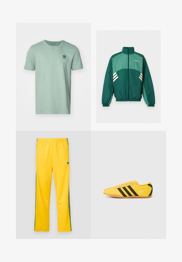 Zelená športová bunda Adidas s predným zipsom, vysokým golierom, elastickými manžetami a lemom, svetlozelenými panelmi a bielymi pruhmi po bokoch.; Krátky rukáv, mätovo zelené tričko s textúrovaným vzorom, okrúhly výstrih a tmavozelené logo adidas na ľavej hrudi.; Žlté športové nohavice s elastickým pásom, s zelenými bočnými pruhmi a malým modrým logom na ľavom stehne. Hladký textilný materiál.; Žltá športová obuv s textúrovaným zvrškom, s čiernymi pruhmi a logom. Zaoblená špička, mäkká podrážka a vzor v tvare cik-cak na materiáli.