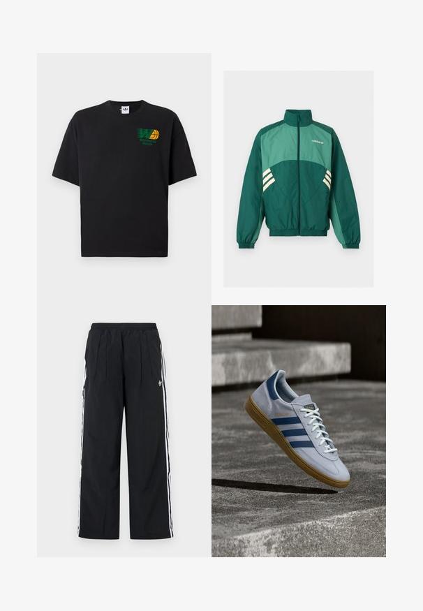 Zelená športová bunda Adidas s predným zipsom, vysokým golierom, elastickými manžetami a lemom, svetlozelenými panelmi a bielymi pruhmi po bokoch.; Čierne bavlnené tričko s krátkymi rukávmi. Na prednej strane má zelenožltú grafiku "Worldwide Hoops". Voľný strih, zaoblený výstrih.; Čierne široké nohavice s bielymi pruhmi na bokoch, elastickým pásom, prednými záhybmi a logom Adidas na pravej stehne.; Svetlomodrá teniska Adidas Spezial s námorníckymi modrými pruhmi a gumovou podrážkou, zobrazená vo vzduchu nad betónovými schodmi v neutrálnej vonkajšej scéne.