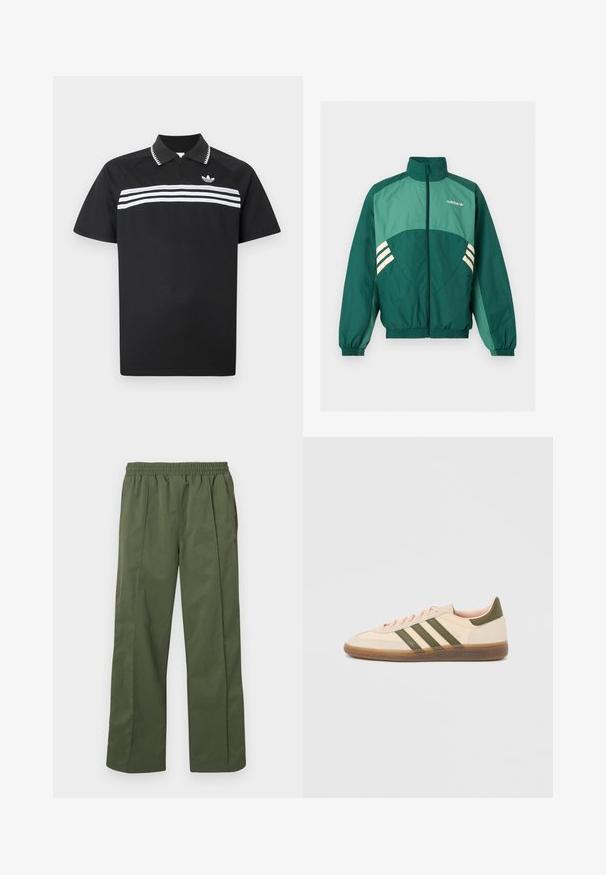 Πράσινο αθλητικό μπουφάν Adidas με φερμουάρ μπροστά, ψηλό γιακά, ελαστικές μανσέτες και τελείωμα, ανοιχτό πράσινα πάνελ και λευκές ρίγες στα πλαϊνά.; Μαύρο πόλο μπλουζάκι με φερμουάρ στο γιακά, που διαθέτει τρεις λευκές οριζόντιες ρίγες στο στήθος και ένα μικρό λογότυπο στο πάνω αριστερό μέρος.; Πράσινο, ελαφρύ παντελόνι με φαρδιά μπατζάκια, ελαστική μέση και πλαϊνές τσέπες. Λείο ύφασμα με άνετη, χαλαρή εφαρμογή, σχεδιασμένο για άνεση.; Χαμηλού προφίλ μπεζ αθλητικό παπούτσι Adidas Spezial με πράσινες ρίγες, σόλα από καουτσούκ και την επωνυμία "SPEZIAL" στην πλευρά, εμφανίζεται από την εξωτερική πλευρά.