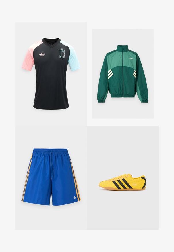 Πράσινο αθλητικό μπουφάν Adidas με φερμουάρ μπροστά, ψηλό γιακά, ελαστικές μανσέτες και τελείωμα, ανοιχτό πράσινα πάνελ και λευκές ρίγες στα πλαϊνά.; Μαύρο αθλητικό πουκάμισο με V λαιμόκοψη, ροζ αριστερό μανίκι, ανοιχτό μπλε δεξί μανίκι, λογότυπο Adidas στο αριστερό στήθος και σήμα της Βασιλικής Ομοσπονδίας Ποδοσφαίρου του Βελγίου στο δεξί στήθος.; Μπλε αθλητικό σορτς με ελαστική μέση, πορτοκαλί ρίγες στα πλαϊνά και μικρό λευκό λογότυπο Adidas στο αριστερό πόδι.; Κίτρινο αθλητικό παπούτσι με υφή στο επάνω μέρος, με μαύρες ρίγες και λογότυπο. Στρογγυλεμένη μύτη, μαλακή σόλα και ζιγκ-ζαγκ σχέδιο στο υλικό.