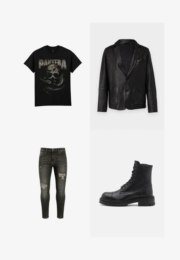 Schwarze Lederblazer mit klassischem Reverskragen, zwei vorderen Taschen und zwei Knöpfen, verfügt über eine glatte, strukturierte Oberfläche und ein gestepptes Futter.; Schwarzes Baumwoll-T-Shirt mit einem vintage Grafikdesign von einem Schädel und einer Schlange, versehen mit dem Wort "PANTERA" in großen, abgenutzten Buchstaben.; Schwarze enge Jeans mit Rissen an den Oberschenkeln, mittlerer Waschung, klassisches Fünf-Taschen-Design und Metallknopfverschluss.; AllSaints HANK - Schnürstiefelette - black