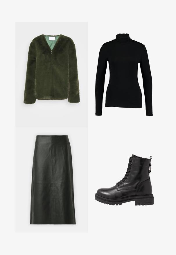 2nd Day MILAN - Veste d'hiver - kombu green; T-shirt noir à manches longues et col roulé en tissu lisse, avec une coupe ajustée et un col haut, idéal pour les superpositions ou à porter seul.; Jupe midi en cuir noir avec une coupe droite. Texture lisse, coutures minimales et taille ajustée. Pas de poches visibles ni de détails supplémentaires.; Bottine en cuir noir avec bout arrondi, devant à lacets et semelle en caoutchouc texturé. Comprend une languette au dos et des coutures renforcées.