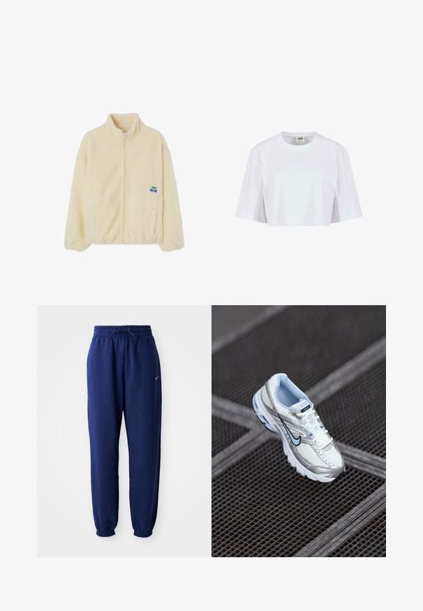 Kermainen fleece-takki, jossa on vetoketju, korkea kaulus ja sivutaskut. Vasemmassa rinnassa on pieni monivärinen brändilogo.; Valkoinen lyhythihainen crop-top, joka on tehty pehmeästä puuvillasta. Siinä on pyöreä pääntie ja lyhyet hihat, rento istuvuus, ei näkyviä kuvioita tai varusteita.; Tummansiniset collegehousut pehmeästä kankaasta, joissa on joustava vyötärönyöri, joustavat hihansuut ja pieni valkoinen logo.; Valkoinen verkkomaisen urheilujalkine hopeanvärisillä yksityiskohdilla, vaaleansinisellä ompelulla ja mustalla swoosh-logolla. Varustettu pehmustetulla nilkkaremmillä ja teksturoidulla pohjalla.