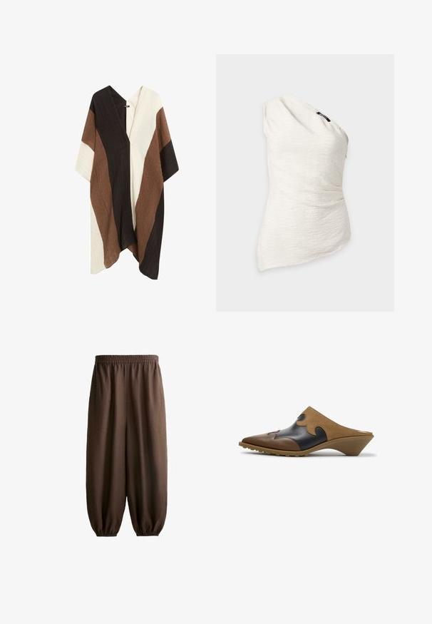 Losse cardigan in kimono-stijl met brede mouwen van vloeiende stof, met verticale kleurvlakken in zwart, bruin en crème.; Witte asymmetrische top met één schouder, gestructureerd en mouwloos, met lichte plooitjes en een klein zwart merklabel nabij de halslijn.; Loszittende bruine broek met elastische tailleband en elastische boorden, gemaakt van lichtgewicht stof.; Bruine en zwarte leren instap-mules met puntige neus en lage schuine hak, met decoratieve stiksels en golvende suède bovenaccenten.