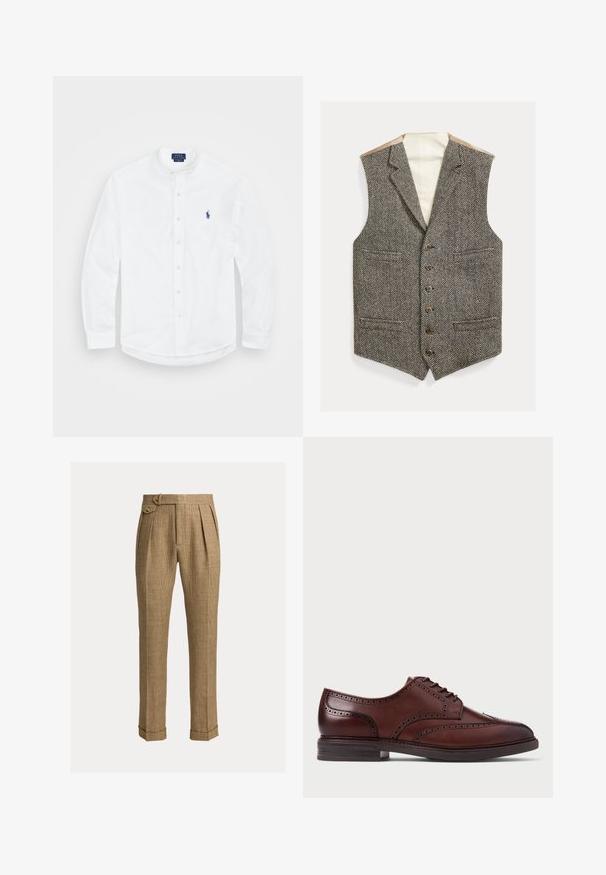 Brun og cremefarget fiskebenmønstret vest med hakket krage, seks knapper og to frontlommer. Fôret innside i beige stoff.; Hvid langærmet skjorte med båndkrave, knaplukning foran og et blåt logo på venstre side. Fremstillet af glat bomuldsstof.; Brune ternede bukser med høj talje, plisseringer, sidelommer, knaplukket sidelukning, manchetter og skræddersyede lige ben.; Brun læder brogue sko med vinge design, perforeret detailing og mørk sål, vist i sideprofil på hvid baggrund.