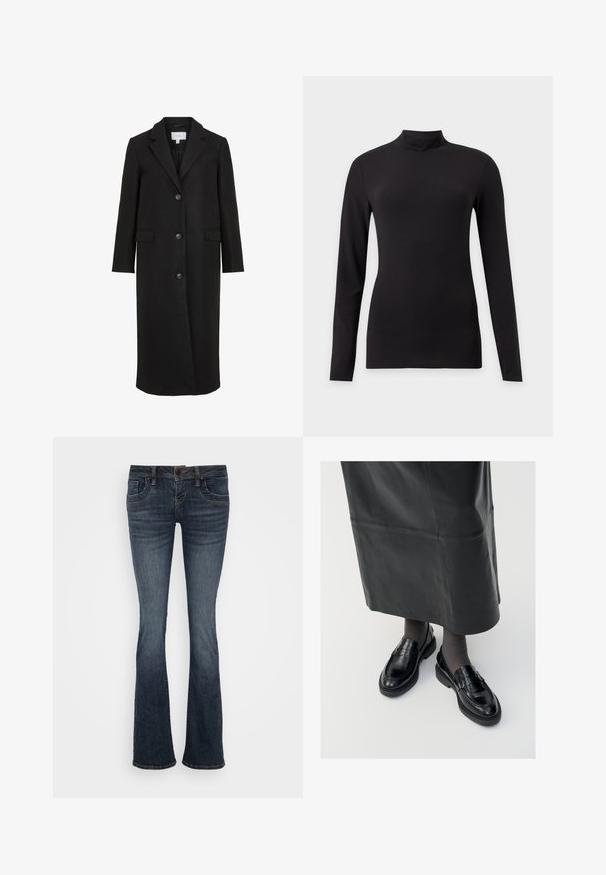 Manteau en laine noire au design ajusté, avec un col cranté, des manches longues, trois boutons sur le devant et des poches latérales. Texture lisse.; Haut noir ajusté à manches longues avec col montant, présenté sur un fond gris clair uni.; Jean évasé bleu foncé avec une taille mi-haute, cinq poches et des accents de couture subtils. Fabriqué en denim avec une texture lisse.; Mocassins en cuir noir avec une finition lisse, ornés d'une bande décorative, à bout rond et avec une semelle texturée. Portés avec une longue jupe en cuir noir.