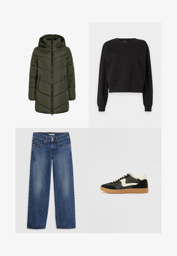 Oliven grøn pufferjakke med hætte, med lynlås foran, sidelommer og chevron-syning for tekstur og isolation.; Sort cropped sweatshirt med lange ærmer, rund halsudskæring og ribbede manchetter. Lavet af blødt stof med en glat tekstur. Ingen mønstre eller hardware.; Blå denim bredbenede jeans med knaplukning, fem lomme-design, let falming på lårene og syningsdetaljer på sømmene.; Sorte ruskinds- og lædersneakers med en cremefarvet side-swoosh og lys cremefarvet hæl. Har beige snørebånd og en gummirubber-sål.