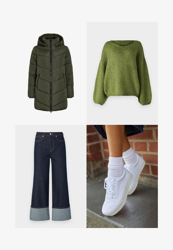 Doudoune vert olive avec capuche, dotée d'une fermeture éclair à l'avant, de poches latérales et d'une couture en zigzag pour créer de la texture et de l'isolation.; JDY JDYDINEA L/S REVERSIBLE PULLOV. KNT NOOS - Pullover - fern; Jeans évasés en denim foncé, dotés d'un revers en denim clair. Le design comprend des poches avant et des détails de surpiqûres contrastantes.; Baskets en toile blanches avec semelles en caoutchouc, dotées de six œillets, d'un bout rond et de détails de couture légers, portées avec des chaussettes blanches mi-mollet.