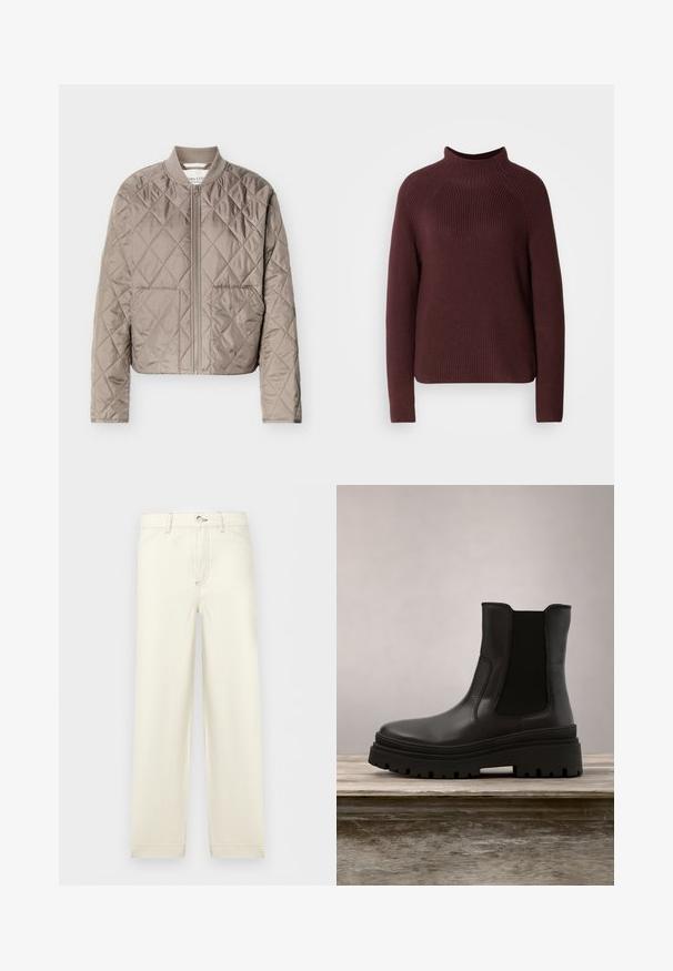 Lysebrun quiltet jakke med diamantformede syninger, fuld lynlås foran, ribstrikket krave og to forlommer.; Bordeaux sweater med høj hals, ribbet tekstur og lange ærmer. Har en let boxy form og en kant, der falder ved hoften.; Off-white bukser med lige ben, forlommer, knaplukning og bæltestropper, vist mod en ensartet lys baggrund.; Sort læder ankelstøvle med en kraftig sål, elastiske sidepaneler og en glat overflade. Elevaret design med kontrasterende såldetalje.