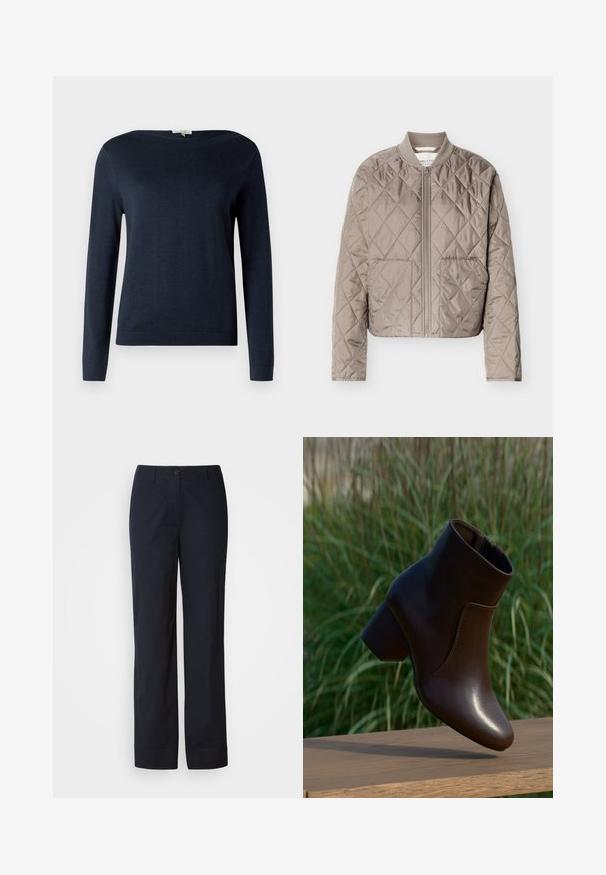 Lysebrun quiltet jakke med diamantformede syninger, fuld lynlås foran, ribstrikket krave og to forlommer.; Navyblå langærmet sweater med rund hals og ribbede manchetter og kant, vist mod en simpel hvid baggrund.; Marineblå bomuldsbukser med lige ben, der har knaplukning foran og ingen synlige mønstre eller pynt.; Mørkebrune læderankelstøvler med blokhæl svævende over en træoverflade med grøn sløret græsbaggrund.