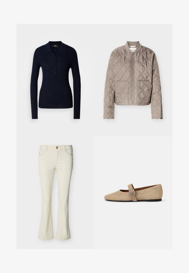 Veste matelassée marron clair avec couture en forme de losanges, fermeture éclair intégrale à l'avant, col côtelé et deux poches avant.; Polo à manches longues marine en tissu côtelé texturé, doté d'un col, d'une patte de boutonnage et d'une silhouette ajustée.; Jeans bootcut pour femmes de couleur crème avec bouton à l'avant, fermeture éclair, et poches avant sur un fond blanc.; Ballerines en daim beige de style Mary Jane avec un bout pointu et une seule sangle réglable dotée d'une boucle en métal argenté. Semelle plate noire.
