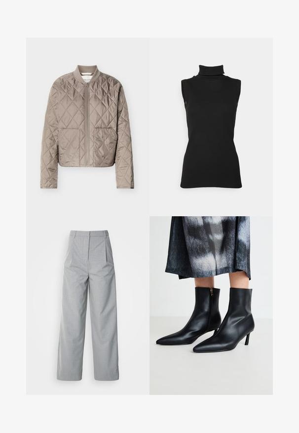 Veste matelassée marron clair avec couture en forme de losanges, fermeture éclair intégrale à l'avant, col côtelé et deux poches avant.; Top noir sans manches en maille côtelée, avec un col haut et une silhouette ajustée. Texture lisse avec un minimum de détails.; Pantalons larges gris en tissu texturé, avec une taille haute, des plis à l'avant et une coupe droite jusqu'à l'ourlet.; Bottines en cuir noir à bout pointu et fermeture éclair sur le côté, avec un talon effilé. Texture lisse et design élégant.