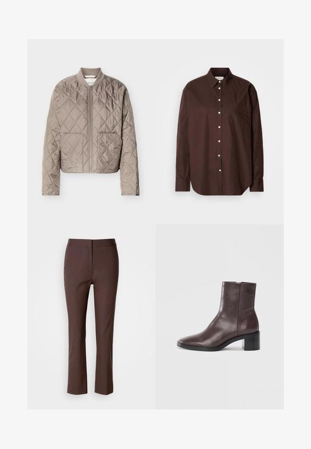 Veste matelassée marron clair avec couture en forme de losanges, fermeture éclair intégrale à l'avant, col côtelé et deux poches avant.; Chemise brune à boutons en tissu coton, dotée de manches longues, d'une poche poitrine, de boutons blancs et d'un col classique.; Pantalons marron ajustés avec une coupe slim, présentant un devant plat, des poches latérales discrètes et un tissu lisse, légèrement extensible.; Bottine en cuir marron foncé avec un orteil carré, un talon bloc et un logo embossé subtil près du haut sur fond blanc uni.