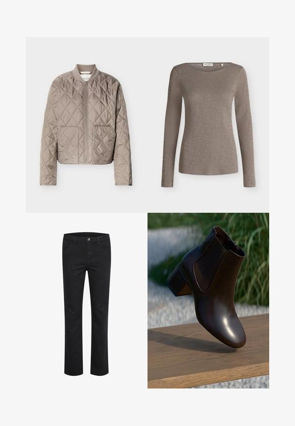 Veste matelassée marron clair avec couture en forme de losanges, fermeture éclair intégrale à l'avant, col côtelé et deux poches avant.; Haut femme taupe à manches longues avec col rond et tissu subtilement texturé, présenté à plat sur fond blanc.; Pantalon en denim noir avec une coupe droite, doté de deux poches avant et d'un seul bouton en métal à la taille. Texture lisse.; Bottine en cuir marron avec un bout rond et un petit talon block, dotée de panneaux latéraux élastiques et d'une finition lisse et brillante.