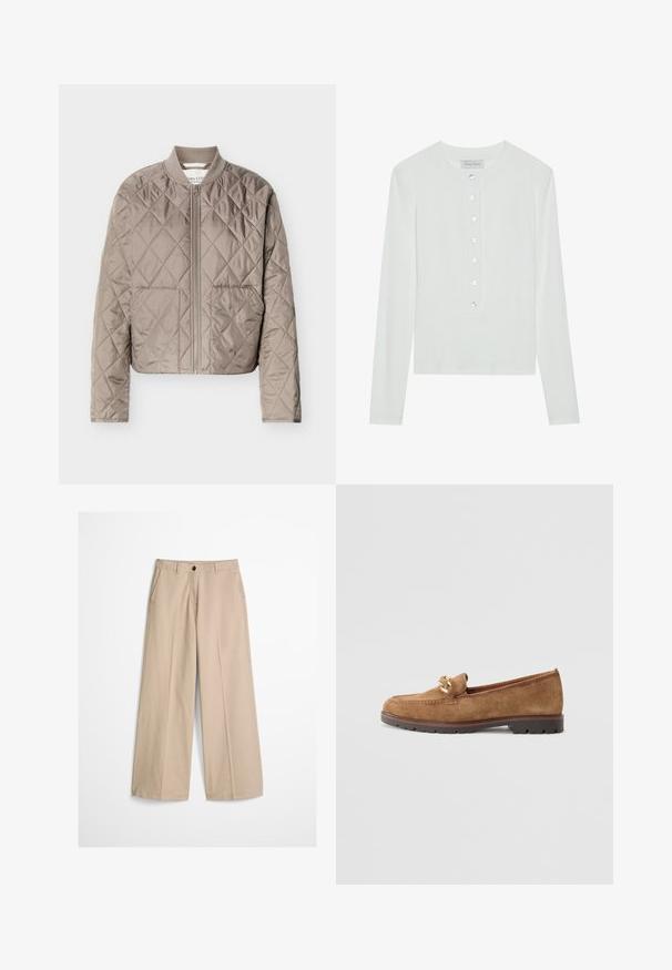 Veste matelassée marron clair avec couture en forme de losanges, fermeture éclair intégrale à l'avant, col côtelé et deux poches avant.; Haut à manches longues blanc en tissu côtelé, avec un col rond et un devant boutonné comportant six boutons transparents.; Pantalon beige à jambes larges avec pli frontal, passants pour ceinture, fermeture par bouton et une petite étiquette en tissu sur le côté droit de la ceinture.; Tamaris Chaussons - camel