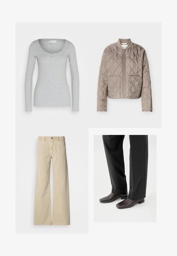 Chaqueta acolchada marrón claro con costuras en forma de diamante, cremallera frontal completa, cuello acanalado y dos bolsillos delanteros.; Camiseta de manga larga color gris hecha de una tela suave y texturizada. Presenta un escote redondeado y tres botones funcionales en el centro delantero.; Pantalones beige de pierna ancha y talle alto con botón frontal, cremallera, trabillas para cinturón y estilo de cinco bolsillos.; Zapatos de cuero marrón oscuro con punta cuadrada y tacón bloque corto, usados con pantalones negros a medida, mostrando una apariencia elegante y pulida.