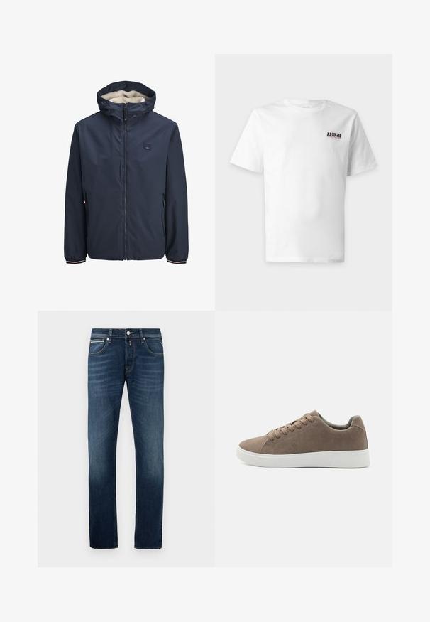 Dunkelblaues Jacket mit Reißverschluss vorne, fleecegefütterter Kapuze, zwei Seitentaschen und gestreiften Bündchen. Hergestellt aus glattem, wetterbeständigem Material.; Weißes kurzärmliges T-Shirt mit kleinem schwarz-pinkfarbenem Textdesign auf der linken Brustseite.; Dunkelblaue Gerade geschnittene Jeans mit leichter Ausbleichung an den Oberschenkeln, fünf Taschen und einem metallenen Knopfverschluss an der Taille.; Braune Wildledersneaker mit flachen weißen Gummisohlen, Schnürdesign, abgerundete Zehen und einer glatten Textur. Minimalistischer Stil mit dezenten Nähdetails.
