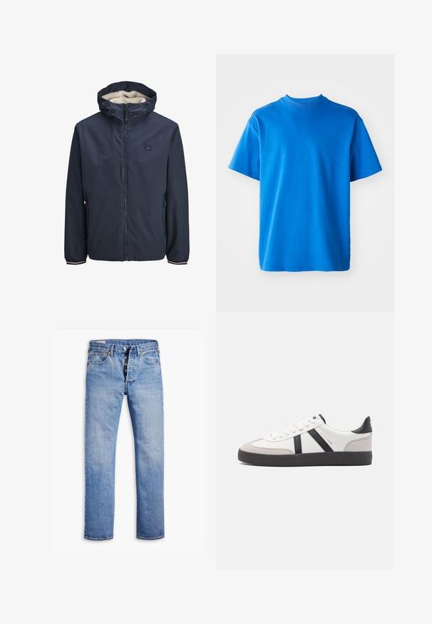 Veste bleu marine avec fermeture éclair à l'avant, capuche doublée en polaire, deux poches latérales et poignets rayés. Fabriquée en matériau lisse et résistant aux intempéries.; T-shirt en coton bleu avec un col rond, des manches courtes et une coupe décontractée. Texture lisse et design simple sans motifs ni accents.; Jeans en denim bleu clair avec une coupe droite, une fermeture à cinq boutons, des passants de ceinture et un délavage subtil. Dispose de deux poches avant et de rivets en cuivre.; Baskets blanches avec des accents noirs et gris, présentant un embout texturé gris, une semelle en caoutchouc noir et des lacets plats blancs. Design épuré, style minimaliste.