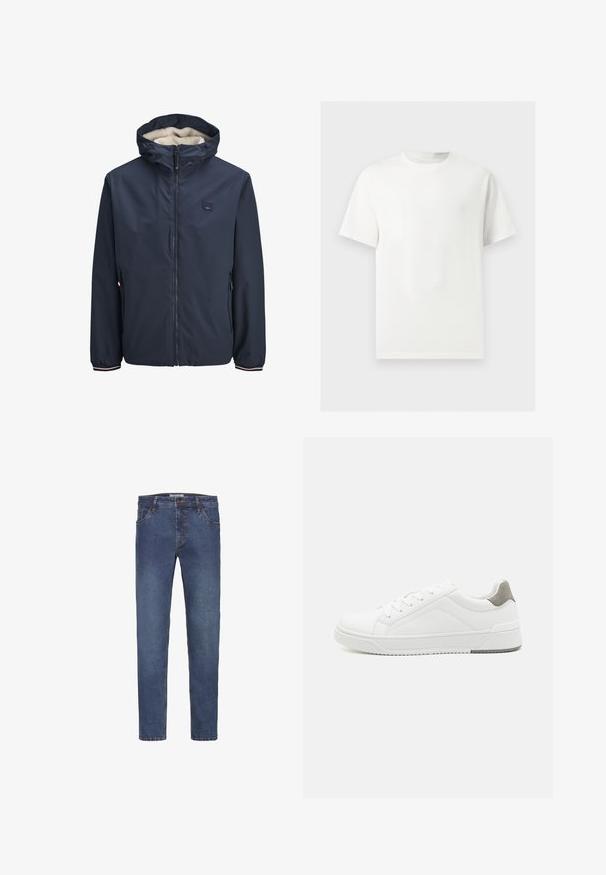 Veste bleu marine avec fermeture éclair à l'avant, capuche doublée en polaire, deux poches latérales et poignets rayés. Fabriquée en matériau lisse et résistant aux intempéries.; T-shirt blanc uni à manches courtes et col rond présenté sur un fond gris clair.; Jean en denim bleu foncé avec une coupe droite, doté de passants pour ceinture, cinq poches et des coutures contrastantes le long des coutures.; Basket blanche en cuir lisse, à bout arrondi, design minimaliste, accent de talon gris et semelle en caoutchouc texturé.