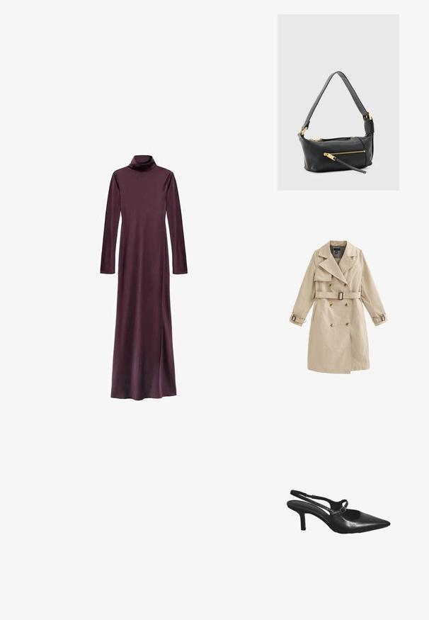 Beige dubbelgeknoopte trenchcoat met riem en gespdetails op de mouwen, voorzien van brede revers en zijzakken.; Langshemd, turtleneck jurk in diep bordeauxrood, gemaakt van een gladde stof. Heeft een rechte silhouet en reikt tot halverwege het onderbeen. Geen zichtbare patronen.; Zwarte leren slingback hoge hakken schoen met puntige neus en een kleine gespsluiting over de bovenkant.; Zwart leren schoudertas met dubbele ritssluitingen, gouden accenten en een brede verstelbare riem. Soepele textuur en rechthoekige vorm.