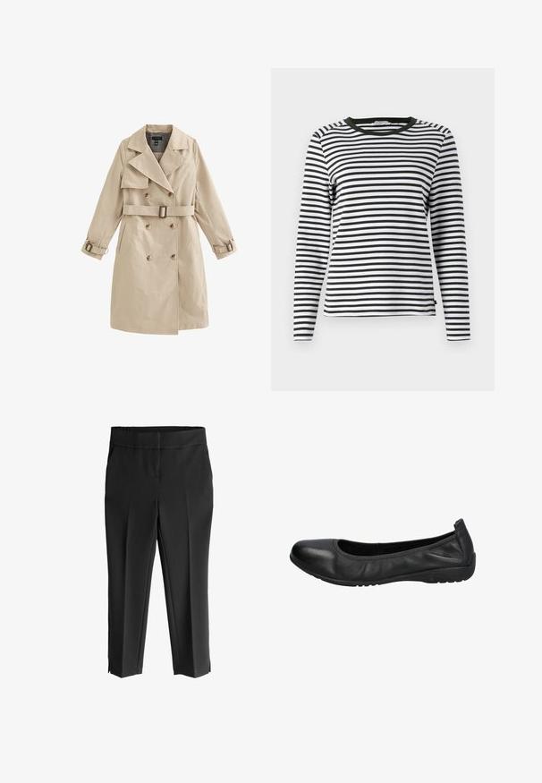 Beige dobbeltradet trenchcoat med bælte og spændedetaljer på ærmerne, med brede revers og sidelommer.; Langærmet skjorte i sort og hvid stribet design med en rund, grøn halsudskæring. Blødt stof med normal pasform og lige søm.; Sorte skræddersyede bukser med en glat tekstur, der har en bred talje, to sidelommer og slids ved kanten for et moderne udtryk.; Sorte læder balletflade med rund tå, glat overflade og en let elastisk kant for komfort. Gummisål for godt greb.
