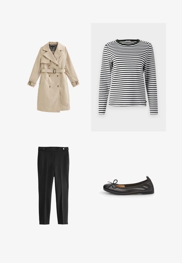 Beige dubbelgeknoopte trenchcoat met riem en gespdetails op de mouwen, voorzien van brede revers en zijzakken.; Langsleeve shirt in zwart-witte strepen, met een ronde groene halslijn. Zachte stof met een normale pasvorm en rechte zoom.; Zwarte op maat gemaakte broek met een gladde textuur, voorzien van twee voorzakken en een tailleband met twee ronde zwarte knopen.; Zwarte leren ballerina met een ronde neus, slank strikdetail aan de voorkant en elastische rand voor een veilige pasvorm. Platte zool voor comfort.