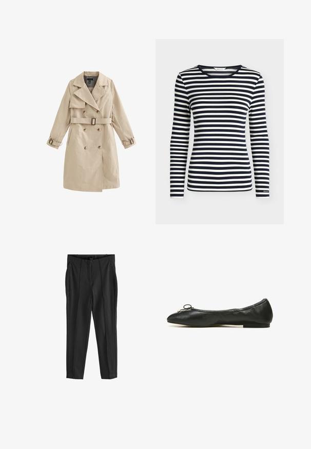 Beige dobbeltradet trenchcoat med bælte og spændedetaljer på ærmerne, med brede revers og sidelommer.; Langærmet skjorte med navy og hvide horisontale striber og rund halsudskæring, mærket GANT på ærmekanten.; Sorte bukser med en glat tekstur, udstyret med lommer med lynlås foran og udtryksfulde folder. Minimalistisk design med en skræddersyet pasform.; Sort læder balletflad med rund tå, der har en lille sløjfe og en slank, flad gummisål. Glat tekstur og minimalistisk design.