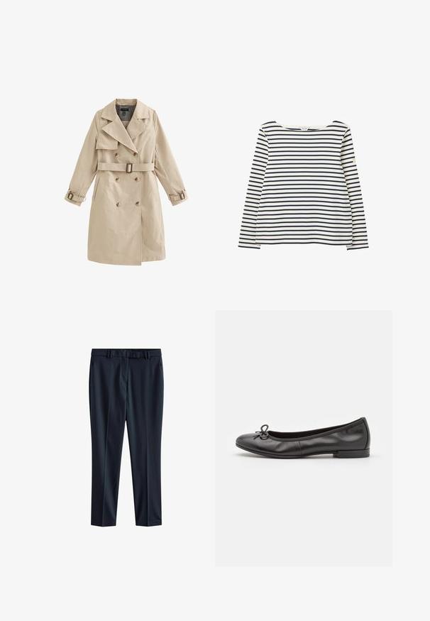 Beige dubbelgeknoopte trenchcoat met riem en gespdetails op de mouwen, voorzien van brede revers en zijzakken.; Wit shirt met lange mouwen met horizontale donkerblauwe strepen en een ronde hals, plat gelegd op een witte achtergrond.; Marine formele broek met een gladde textuur, rechte snit, riemlussen en zijzakken. Heeft een minimalistisch ontwerp, geschikt voor verschillende gelegenheden.; Zwarte leren ballerina's met een ronde neus, een klein strikaccent aan de voorkant en een lage, rechthoekige hak. Gladde textuur.
