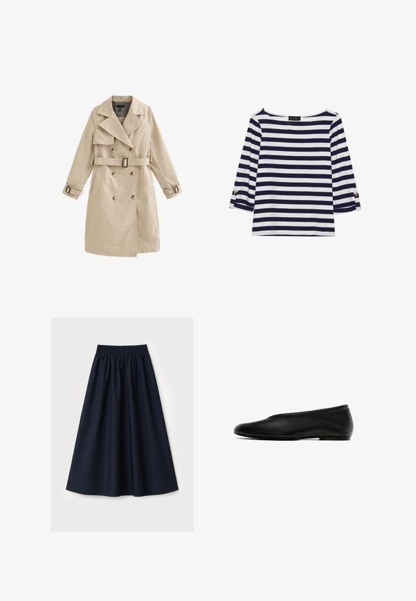 Trench-coat beige à double boutonnage avec ceinture et détails à boucle sur les manches, présentant de larges revers et des poches latérales.; Haut rayé bleu marine et blanc à manches longues avec un col bateau et des accents de boutons dorés sur les manches retroussées. Tissu doux, coupe décontractée.; Jupe bleu marine en tissu lisse, dotée d'une ceinture élastique, d'une coupe évasée et d'une longueur au genou. Aucun motif ni accent visible.; Chaussure plate noire avec extérieur en cuir lisse, bout arrondi, profil bas, détails minimalistes et semelle flexible.