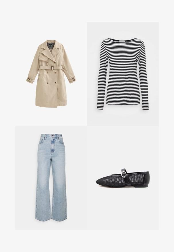 Beige dubbelgeknoopte trenchcoat met riem en gespdetails op de mouwen, voorzien van brede revers en zijzakken.; Langemouwen, ronde hals T-shirt met een zwart-wit gestreept patroon. Gemaakt van zachte stof met een reguliere pasvorm. Schoon, minimalistisch ontwerp.; Lichtblauwe denim broek met wijde pijpen, hoge taille, klassiek vijfzakkenontwerp en contrasterende stiksels. Rauwe zoom aan de onderkant.; Zwarte mesh Mary Jane platte schoen met ronde neus, verstelbare band, zilveren gesp en stevige hielcounter op witte achtergrond.