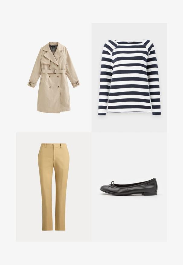 Beige dobbeltradet trenchcoat med bælte og spændedetaljer på ærmerne, med brede revers og sidelommer.; TOM TAILOR STRIPED CARRE NECK - Langærmet T-shirt - lunar eclipse/off white; Beige bukser med lige ben, bæltestropper, forreste presning og en ensfarvet talje mod en ensfarvet baggrund.; Sorte læder balletflade sko med rund tå, en lille sløjfedetail på fronten og en lav, rektangulær hæl. Glat tekstur.