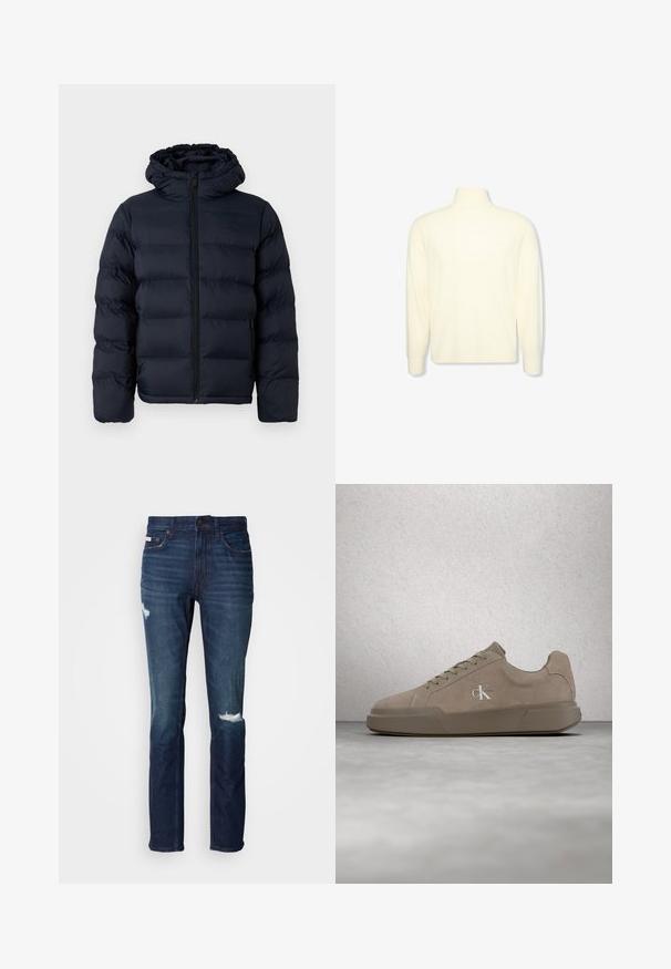 Calvin Klein Zimná bunda - dark sapphire; Krémový dlhý rukáv s rolákom, s rebrovanými manžetami a jemným logom na hrudi, zobrazený na bielom jednoliatom pozadí.; Tmavomodré denimové džínsy so slim fit strihom, s dvoma poškodenými miestami na prednej strane, pevnými švami a klasickým dizajnom s piatimi vreckami.; Béžová semišová teniska so šnúrkami a logom "ck", zobrazená ako levitujúca nad leštenou betónovou podlahou s pozadím zo sklenených blokov.