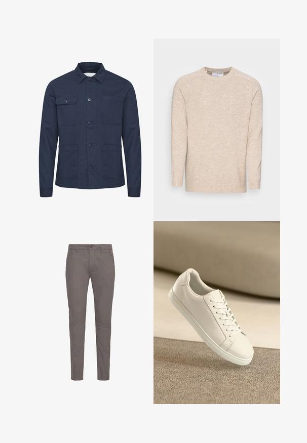 Mørkeblå knap-op jakke lavet af blødt stof, med to brystlommer og to frontlommer. Minimalistisk design med krave.; Lys beige strikket sweater med rund hals, lange ærmer og ribbede manchetter; har en struktureret stofoverflade og et simpelt design.; Grå bomulds chinos med lige pasform, der har knaplukning, standardlommer og minimalistisk design. Glat tekstur og ingen mønstre.; Hvide lædersneakers med hvide snørebånd, præsenteret på en beige tekstureret overflade og med en blødt uskarp baggrund.