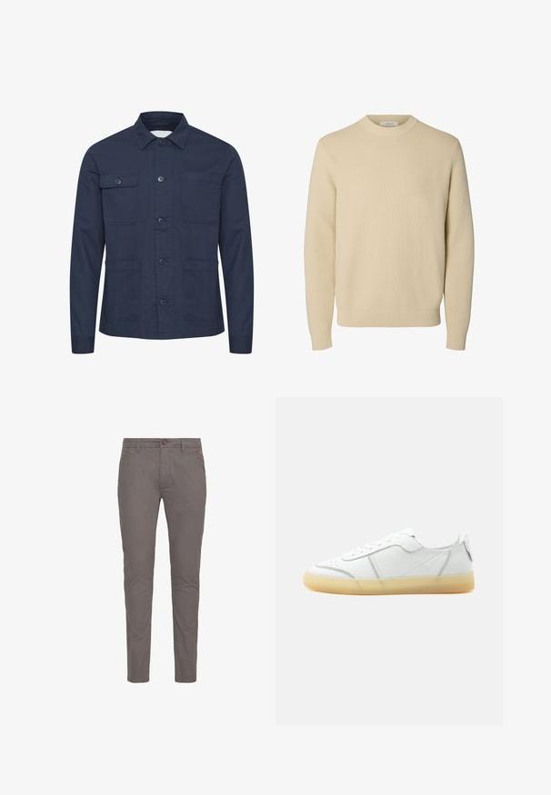 Mørkeblå knap-op jakke lavet af blødt stof, med to brystlommer og to frontlommer. Minimalistisk design med krave.; Enkel beige crewneck striktrøje med lange ærmer og ribstrikkede manchetter og kant.; Grå bomulds chinos med lige pasform, der har knaplukning, standardlommer og minimalistisk design. Glat tekstur og ingen mønstre.; Hvid lavtop læder sneaker med beige gennemsigtig sål, snørelukning foran og minimal syning, vist fra siden mod en ensfarvet baggrund.