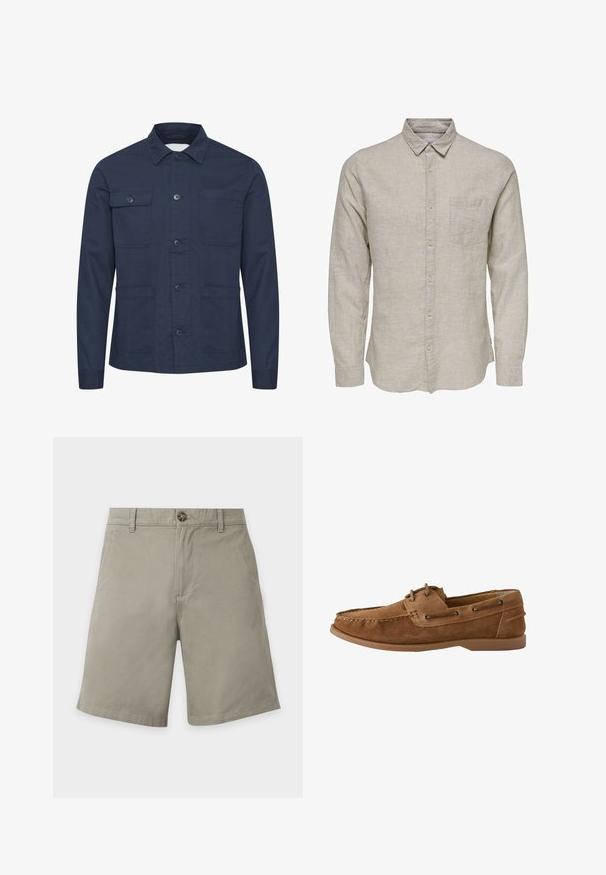 Donkerblauwe knoopjack van zacht materiaal, met twee borstzakken en twee voorzakken. Minimalistisch ontwerp met een kraag.; Lichtbeige lange mouw button-up shirt gemaakt van linnen met een kraag, enkele borstzak en subtiele textuur.; Lichtgrijze knielange shorts met voorste knoop, riemlussen en zijzakken op een witte achtergrond.; Bruine suède loafer in mocassinstijl met een gestikte neus, leren veters door metalen oogjes en een platte rubberen zool, weergegeven in zijaanzicht.