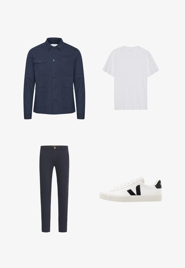 Mørkeblå knap-op jakke lavet af blødt stof, med to brystlommer og to frontlommer. Minimalistisk design med krave.; Hvid bomulds T-shirt med korte ærmer, rund hals og en glat tekstur. Har minimal branding på halsudskæringen.; Marineblå bukser lavet af glat stof, med almindelig pasform, fem-lomme design og foran knaplukning.; Hvide lædersneakers med sorte ruskindsdetaljer; har en gummisål, rund tå og klassisk snørebåndsdesign. Side logo i sort.