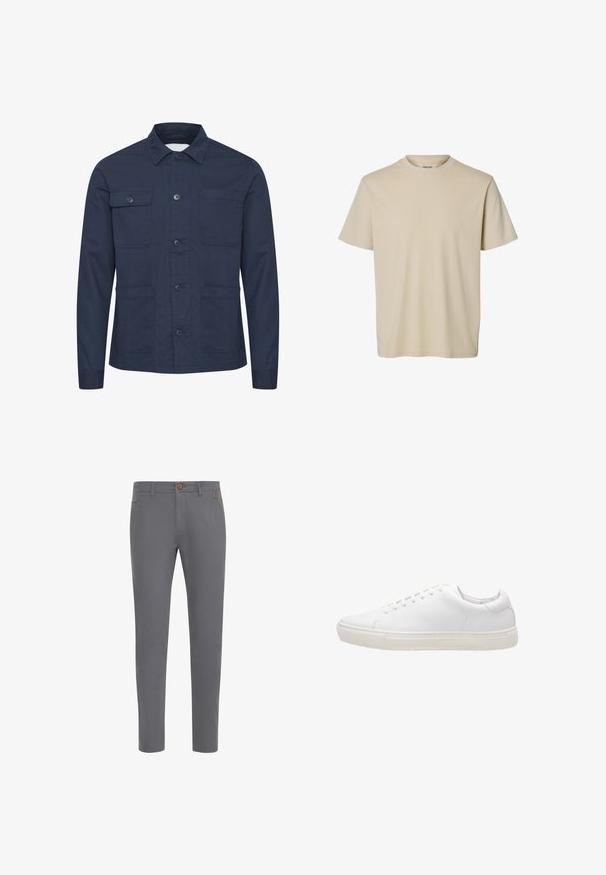 Donkerblauwe knoopjack van zacht materiaal, met twee borstzakken en twee voorzakken. Minimalistisch ontwerp met een kraag.; Beige T-shirt met korte mouwen, geribbelde stof en ronde hals, met een comfortabele pasvorm, op een witte achtergrond.; Grijze katoenen broek met een aansluitend ontwerp, voorzien van een knoopsluiting, standaardzakken en een gladde textuur.; Witte leren sneaker met een gladde textuur, ronde neus, vetersluiting en een platte rubberen zool. Minimalistisch ontwerp zonder zichtbare patronen.