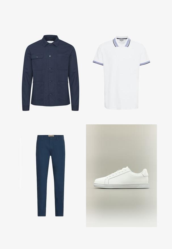 Mørkeblå knap-op jakke lavet af blødt stof, med to brystlommer og to frontlommer. Minimalistisk design med krave.; Hvid polo skjorte med en to-knap lukning, kontrasterende navy og lyseblå stribede krave og ærmekanter, lavet af bomuldsstof, Regular fit.; Marineblå slim-fit herrebukser med bælteløkker, frontlukning med knap og sidelommer, præsenteret mod en hvid baggrund.; Lavtop hvid sneaker med snørelukning foran og tekstureret gummisål mod en ensartet neutral baggrund.
