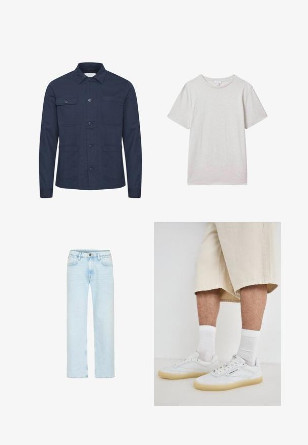 Chaqueta de botón color azul marino hecha de tela suave, con dos bolsillos en el pecho y dos bolsillos frontales. Diseño minimalista con cuello.; Camiseta de manga corta gris claro, hecha de una tela suave. Presenta un escote redondo y un corte holgado, sin patrones ni acentos visibles.; Los jeans de denim azul claro cuentan con un diseño de pierna recta, con un cierre de botón clásico, cinco bolsillos y un ligero desgastado para aportar textura.; Zapatillas de cuero blancas con suelas de goma, que presentan acentos perforados, cordones y un logotipo en la lengüeta. Combinadas con calcetines blancos y pantalones cortos beiges.